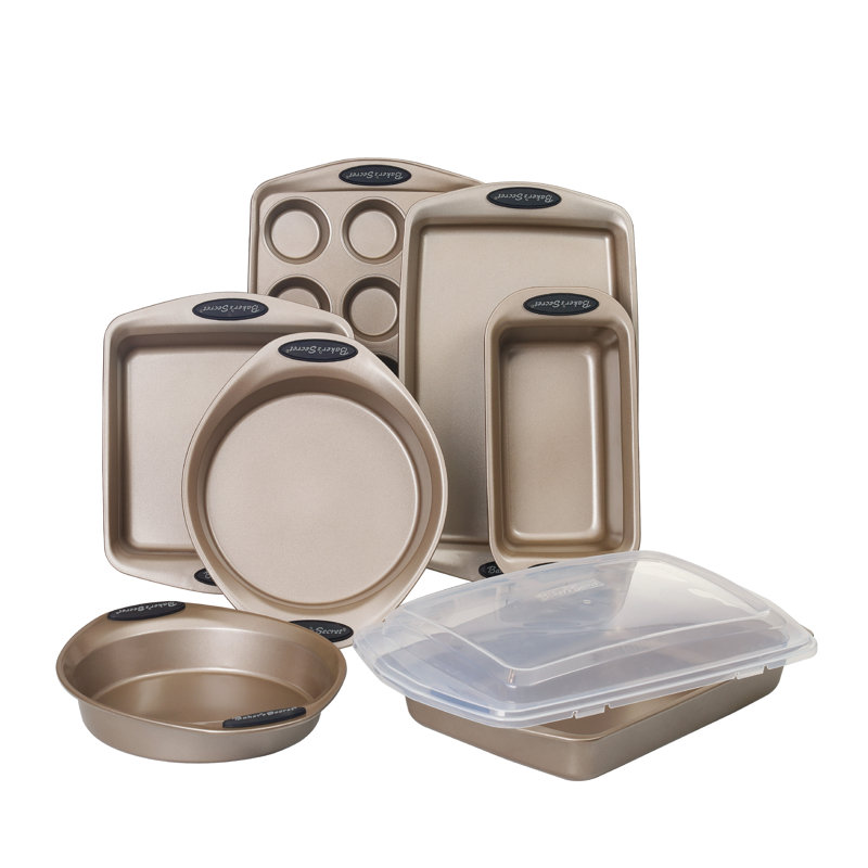 Baker s Secret 8 Pieces Bakeware Set 2X Round Pan 1X Square Pan 1X Loaf Pan 1X Muffin Pan 12 Cups 1X Cookie Sheet 1 X Roaster 1X Roaster Lid Non Stick
